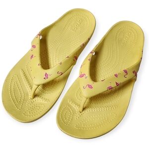 Women’s Flamingo Crocs Sandals Size 9  Croc Flip Flop Thong Pink Yellow
